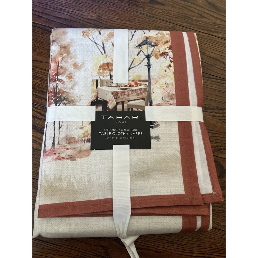 tahari oblong table cloth fall Scenery painting Trees Lamp Post 60"x84"